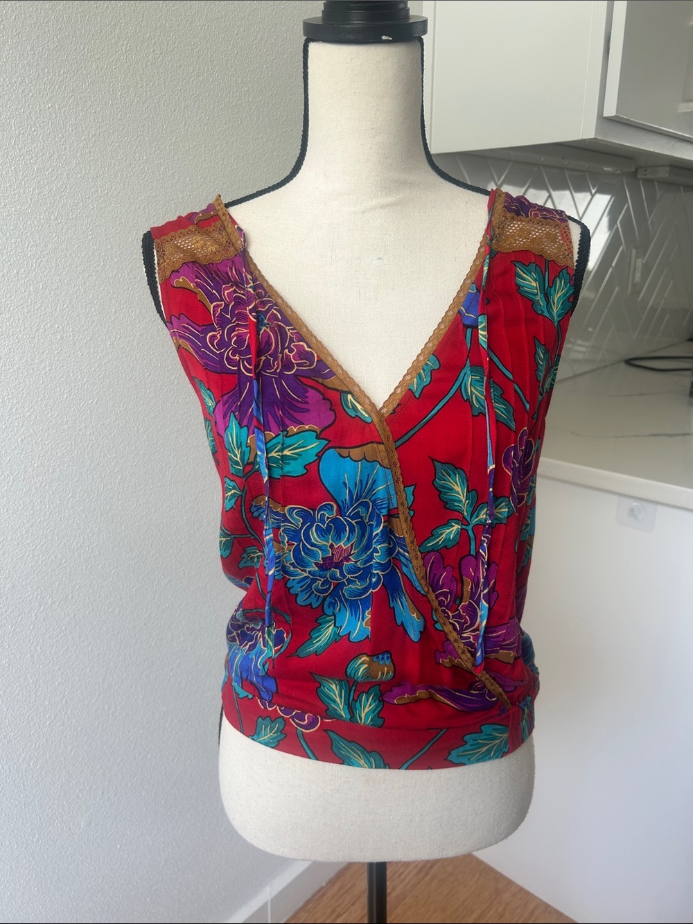 Anthropologie Sleeveless Red Floral Surplice Top